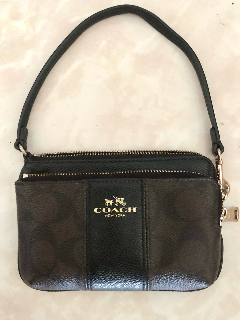 Coach Double Zip Wristlet Wallet Dark Brown Black Leather Gold Hardware EUC